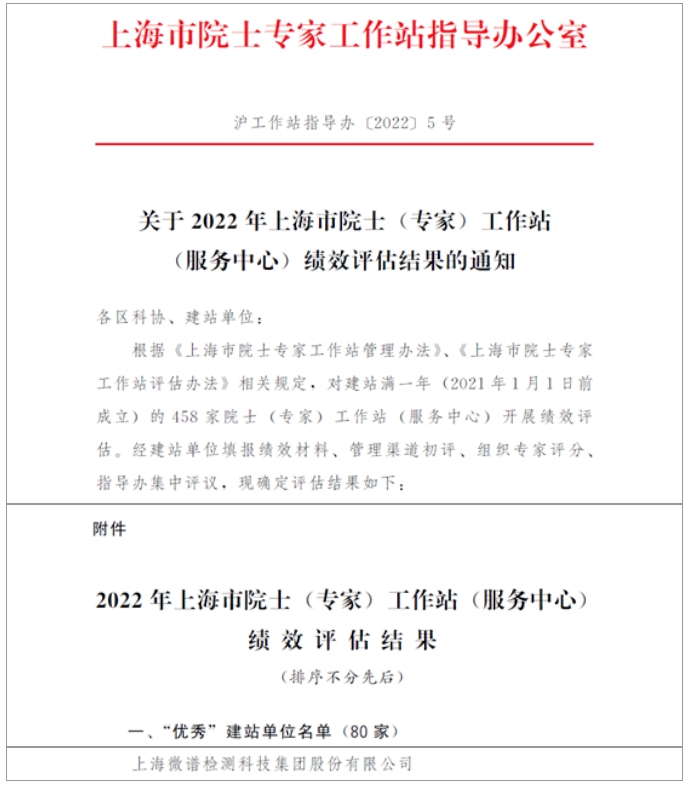 微谱荣获「2022年上海市院士专家工作站绩效评估」“优秀”建站单位